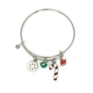 Christmas Holiday Themed Expandable Charm Bangle Silver Finish